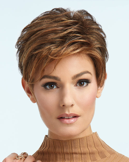 Raquel Welch Advanced French Tru2Life Heat-Friendly wig.  Lace front, short tapered nape with longer layered top.  Pixe style.